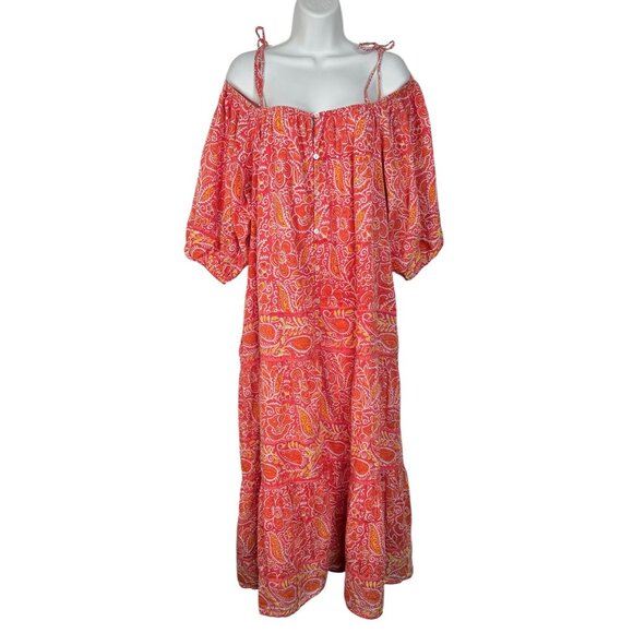 Cleobella Violet Midi Dress Blossom Floral Block Print Orange Peach Pink Medium - Picture 6 of 11